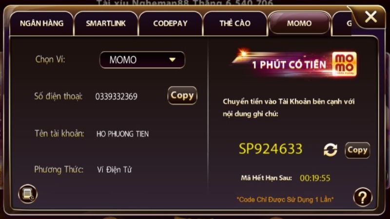 Cổng game hỗ trợ nạp tiền vào ví game bằng ví điện tử Momo